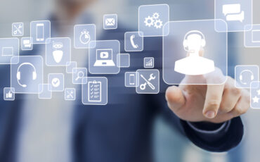 Technical support concept, business person touching helpdesk icon on screen, hotline assistance service available by phone, chat, email or online to solve incident with computer software, smartphone